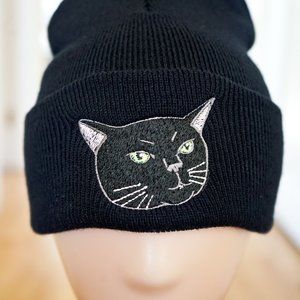 Black Cat Zoning Out Dissociating Meme Embroidered Beanie Hat